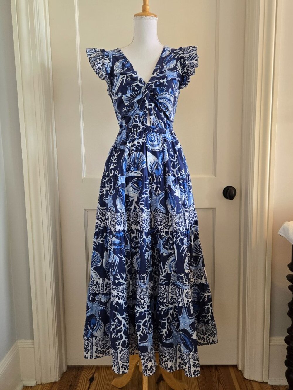 King + Pitt Navy Blue Sea Ocean Theme Ruffle Frill Cap Sleeve Maxi Dress Small - Picture 2 of 16